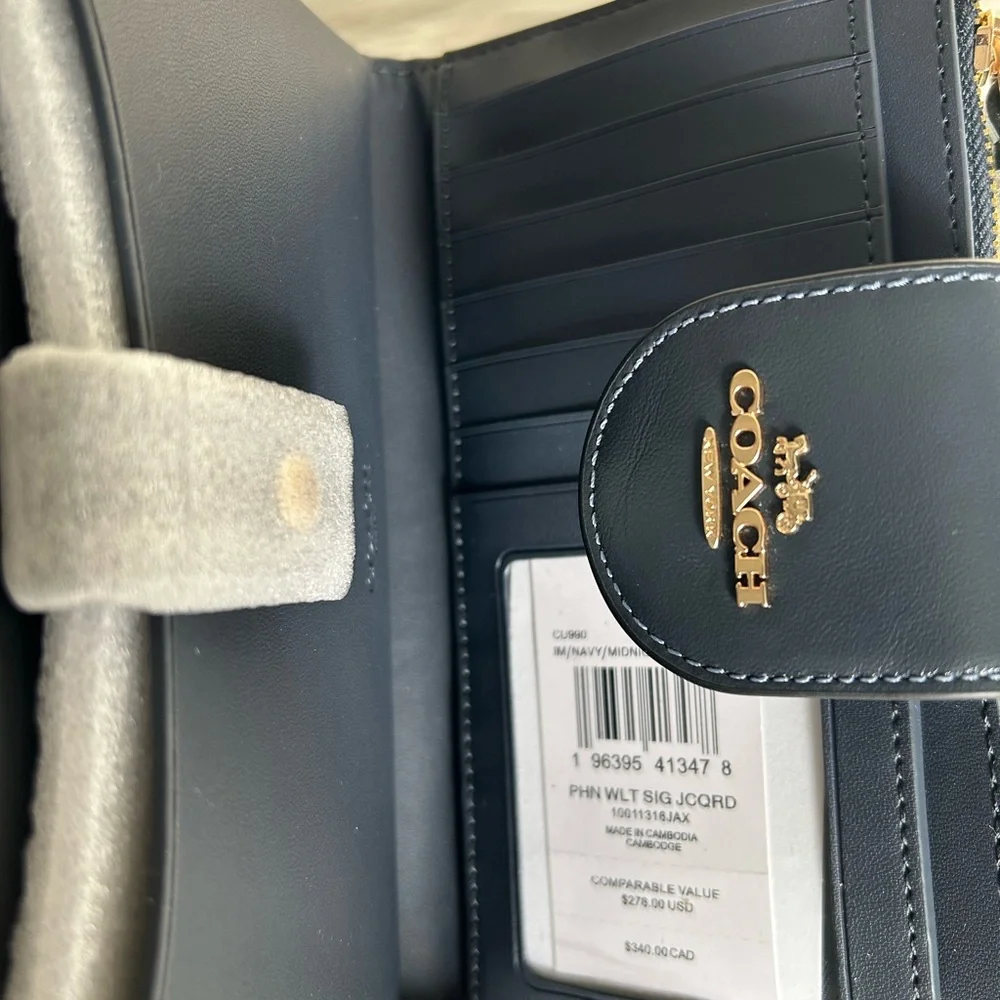 Coach Phone Wallet Midnight Navy Signature Jacquard Leather‎ C6995 New